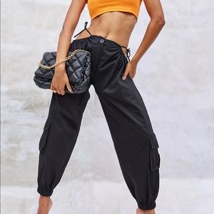 PLT- Black woven cut out tie detail pocket jogger